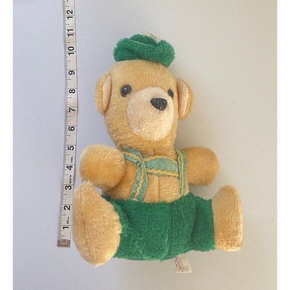 Vtg Superior Toy & Novelty German Bear 10” Plush Tan/Green Overalls Toy Carnival - Picture 7 of 7